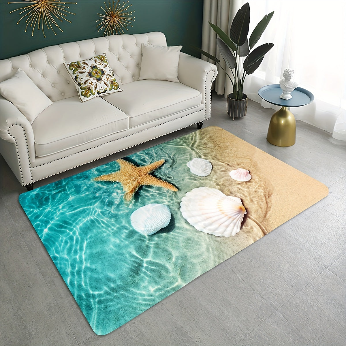 Bright 3D Print Non-Slip Bath Rug made of Sponge Foam and Durable Flannel Material, featuring a Seashell Print design. Perfect for use in the Laundry Room and Kitchen, with Beach Starfish and Scallop Decor.