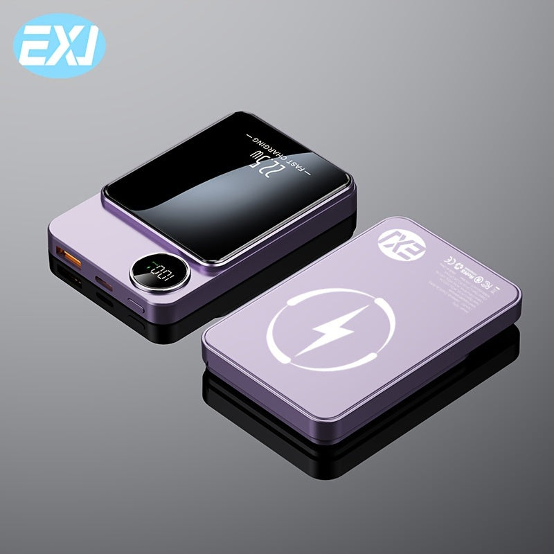 EXJ PD 22.5W Magnetic Power Bank, 10000mAh Wireless Portable Charger with USB-C Cable LED Display, Mag-Safe Battery Pack for iPhone 12 and newer, with fast charging.