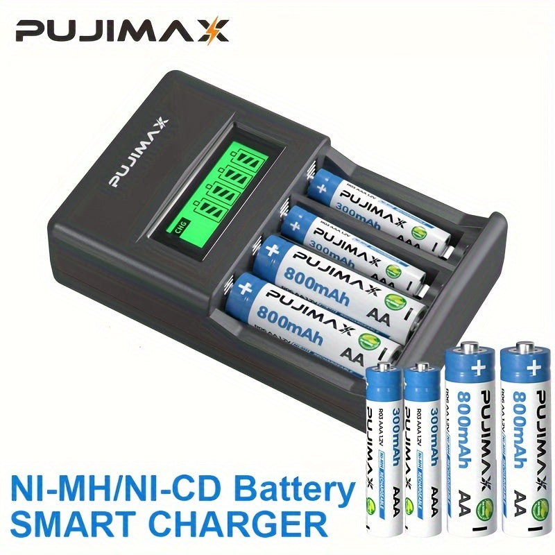 PUJIMAX 4-slot LCD smart charger for AA/AAA Ni-MH/Ni-CD rechargeable batteries with USB power mode, operating voltage ≤36V, battery not included.