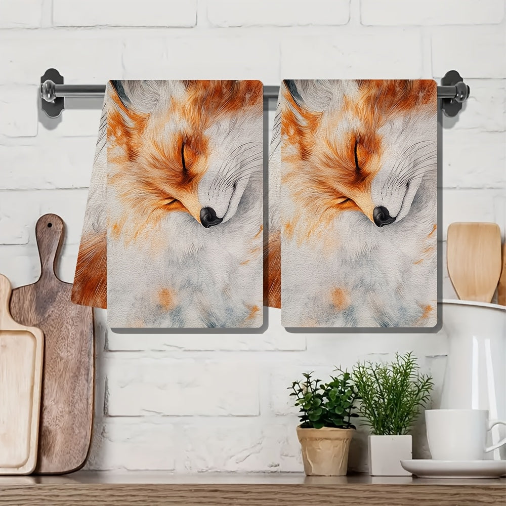 Set of 2 Ultra Soft Kitchen Towels Featuring a Charming Red Fox Design - Super Absorbent, Easy to Clean Dish Hand Towels, Dimensions 40.64x60.96 cm - Ideal for Adding a Festive Touch to Your Kitchen Decor, Perfect for Daily Use