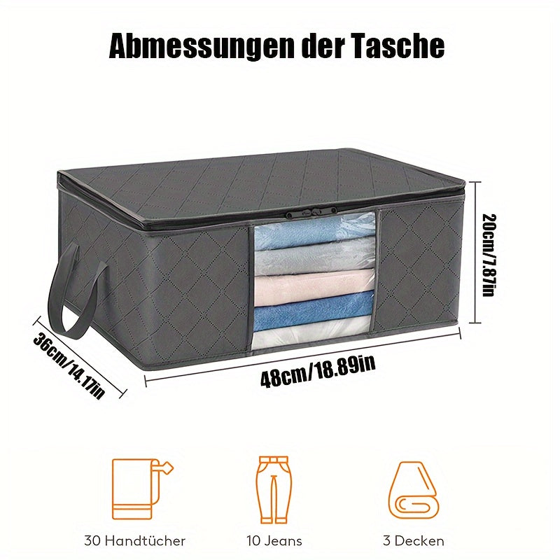 Set of 3 35L Black Fabric Storage Bags featuring Clear Viewing Windows - Quilted, Foldable Boxes for Organizing Clothes, Blankets & Bedding - Perfect for Under Bed, Wardrobe, and Dorm Use - Dimensions: 47.98x35.99x19.99cm - Convenient Clothes Organizer