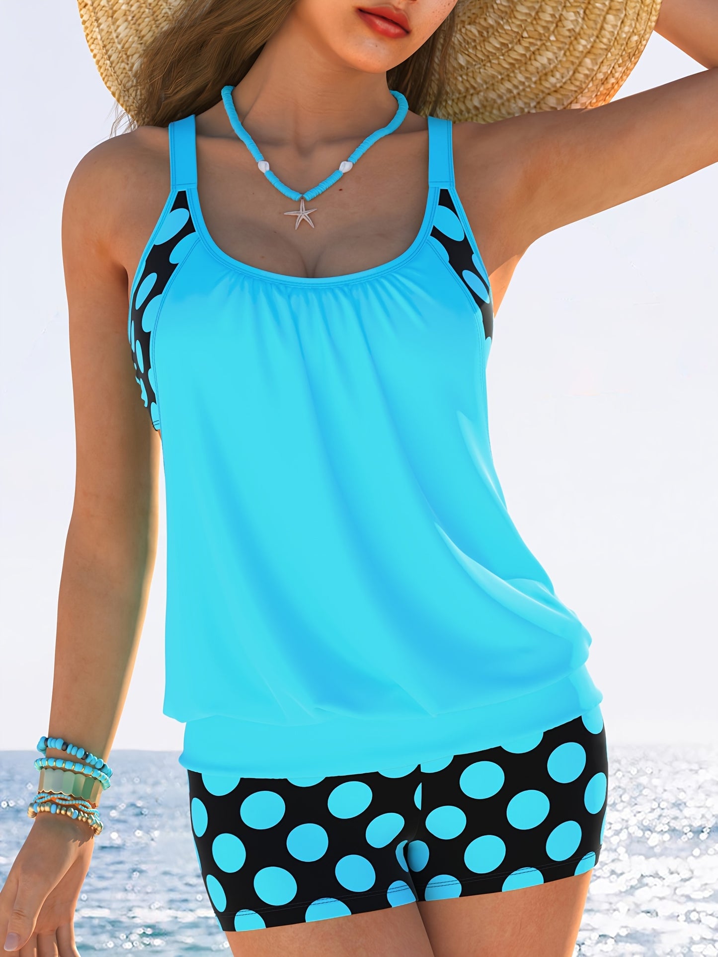 Yellow and black polka dot tankini set for women made of stretchy polyester/elastane blend. Includes round neck top with ruched design and high-waisted shorts. Machine washable. Ideal for