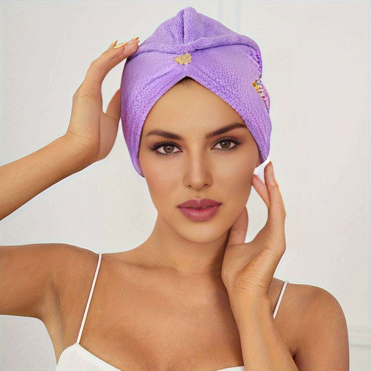 1 Hair Drying Shower Cap with Lucky Sun Embroidery coral fleece towels, bath linen, bathroom accessories - soft and absorbent.