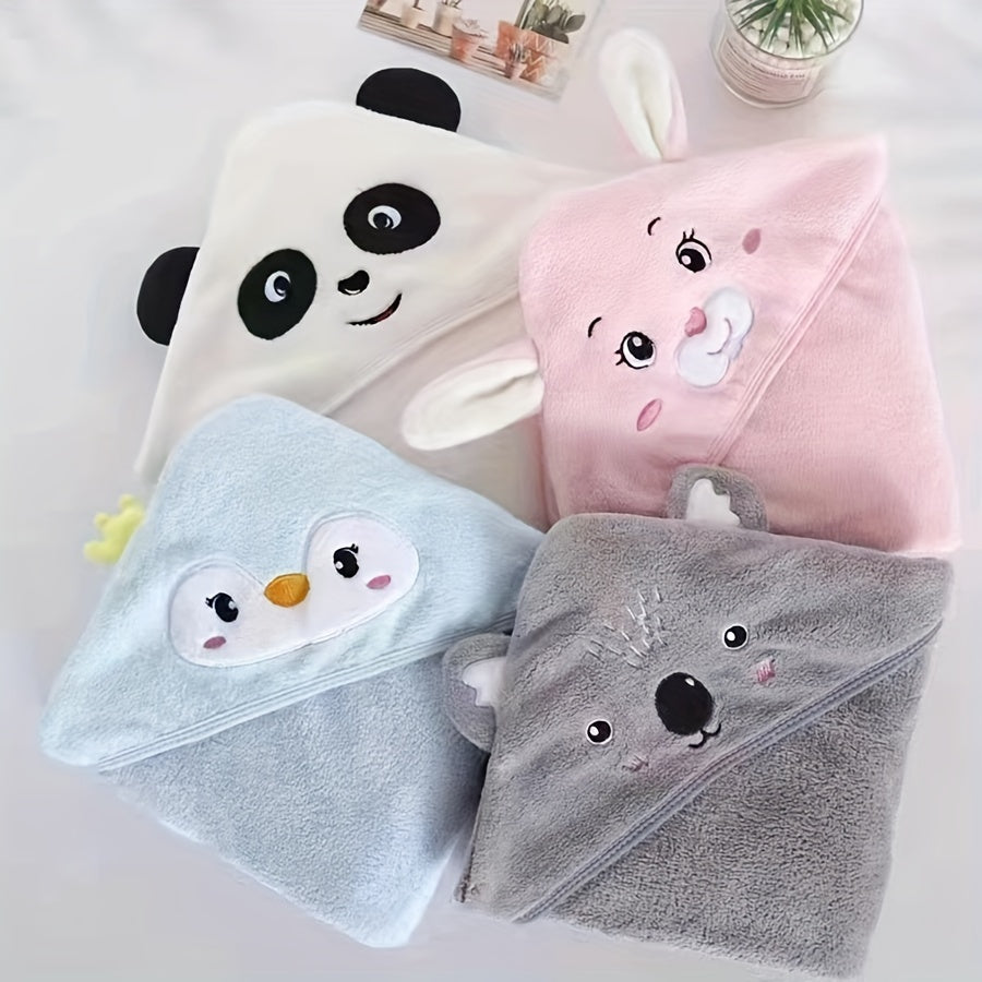 Soft coral fleece hooded towel for kids with cute cartoon design - Absorbent and skin-friendly, suitable for swimming and bathing.