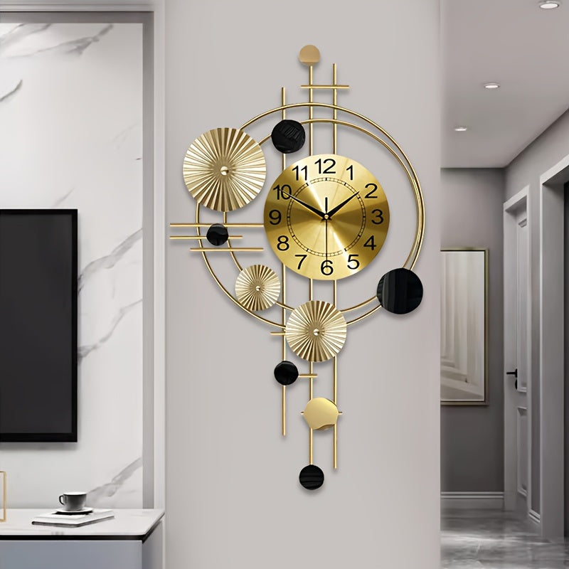 Contemporary Nordic-style wall clock with geometric design, large numbers, and digital display. Battery-powered and perfect for home decor. Iron construction.