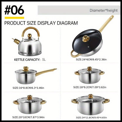 Stylish 12-Piece Stainless Steel Cookware Set includes Kitchen Pots and Pans with Lids, Soup Pot, Saucepan, and Water Kettle. Durable Finish and Southeast Asian Style make this a must-have for your Kitchen Essentials.