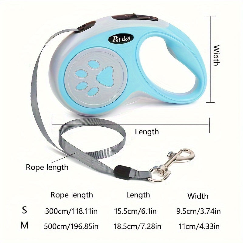 Durable polyester retractable dog leash featuring paw print design, ideal for dogs. Easy to use and store.