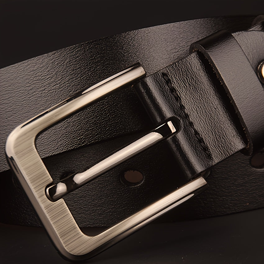 Men's black cowhide leather belt with square alloy buckle - casual fashion accessory, high-quality, do not wash.