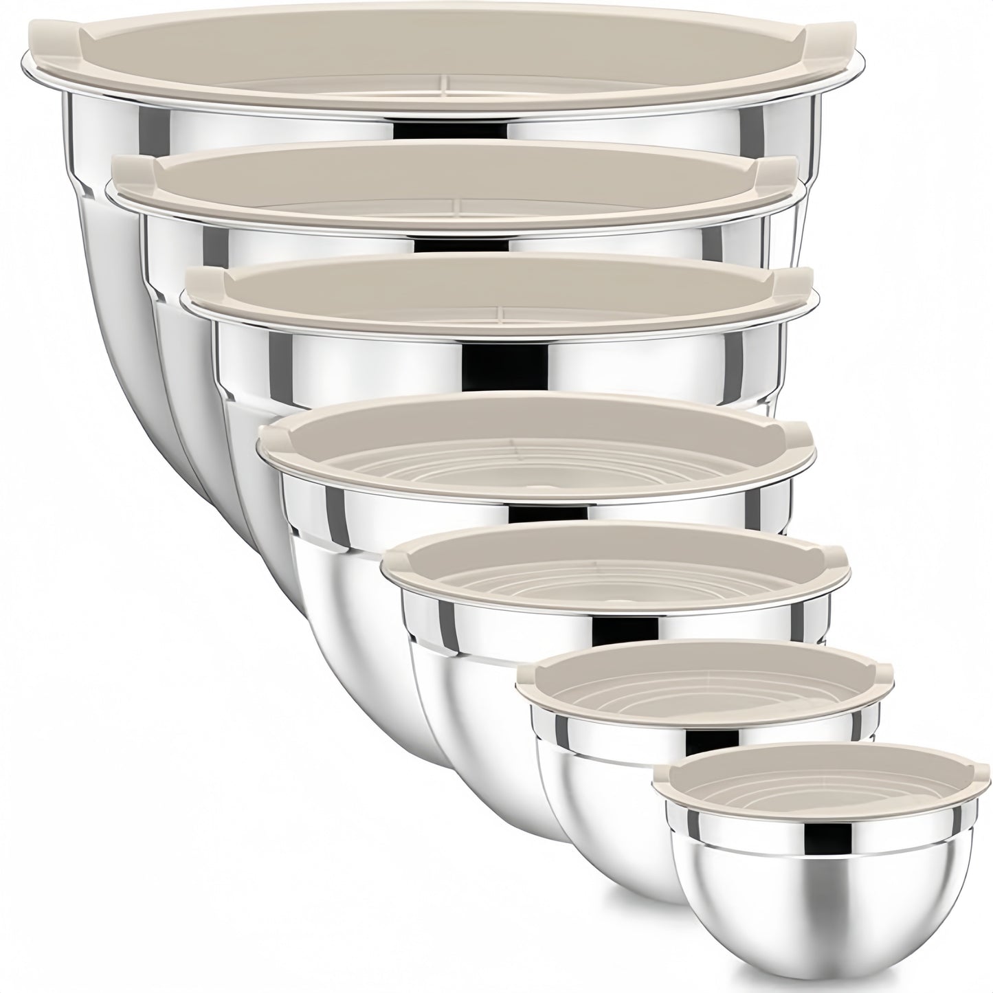 14-piece stainless steel mixing bowl set with sealed lids for food storage and meal prep. Ideal for salads, kitchen gadgets, and accessories.