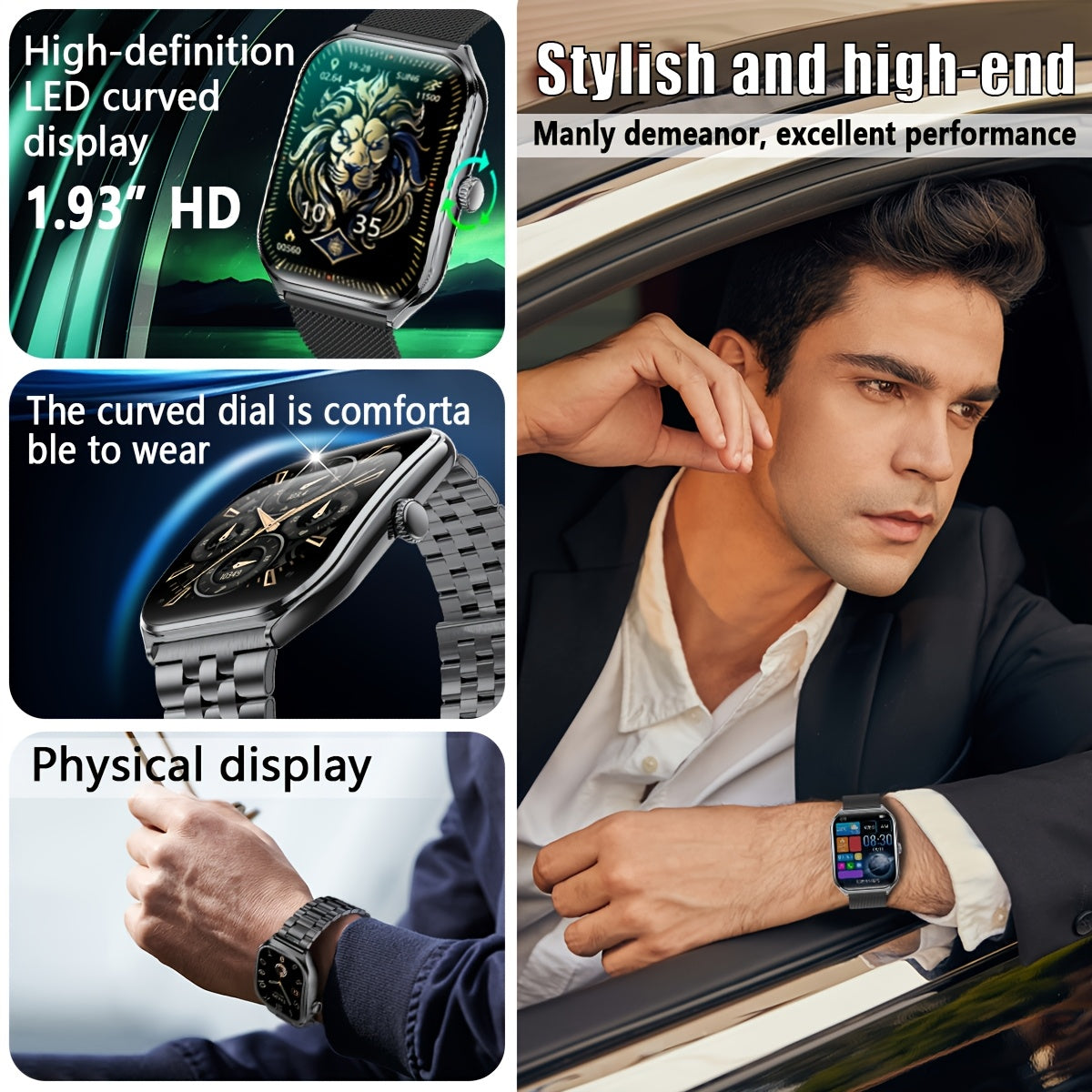 Ultra-thin smartwatch with full touch display, dual screen, USB charging, stainless steel case for Android and iPhone. Ideal for fitness tracking, calls, messages and music control.