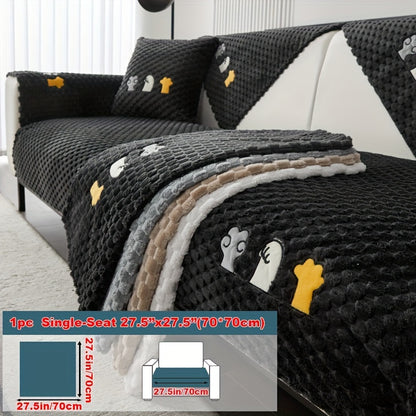 Modern honeycomb fleece sofa cover with embroidered design, pet-friendly protection for furniture, plush slipcover for various sofas. One-piece design with anti-slip backing for home and office decor.