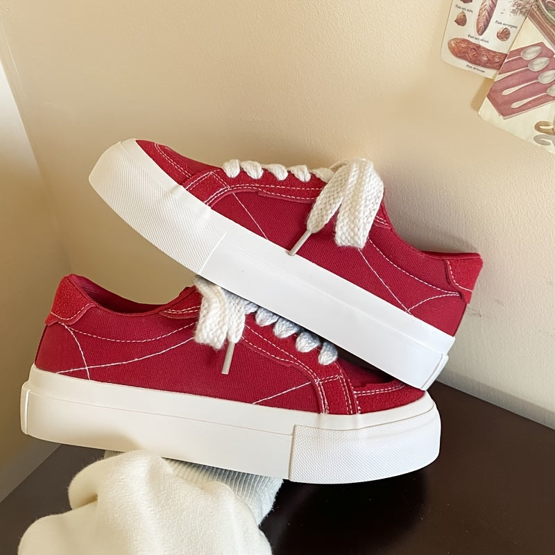 Casual platform canvas sneakers with thick retro soles, solid color design, hand washable fabric inner, and TPR outsole.