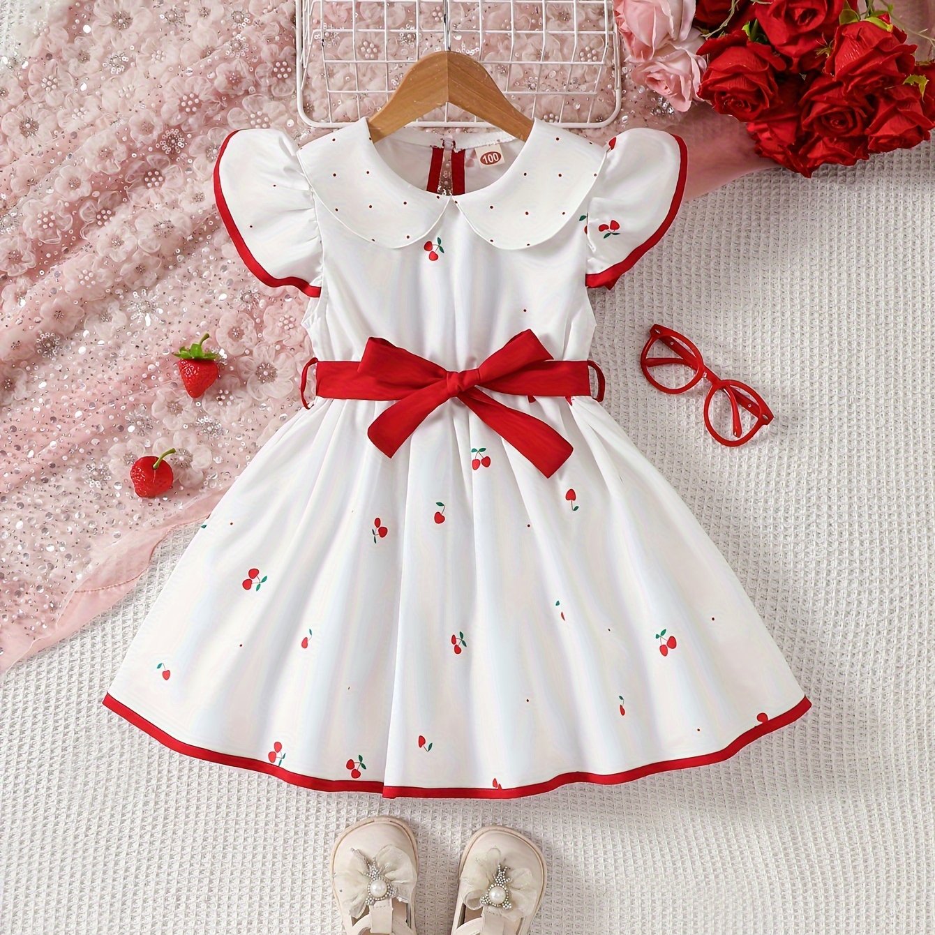 Girls' sleeveless strawberry print dress with ruffle hem, red belt - casual polyester, machine washable - ideal for summer.