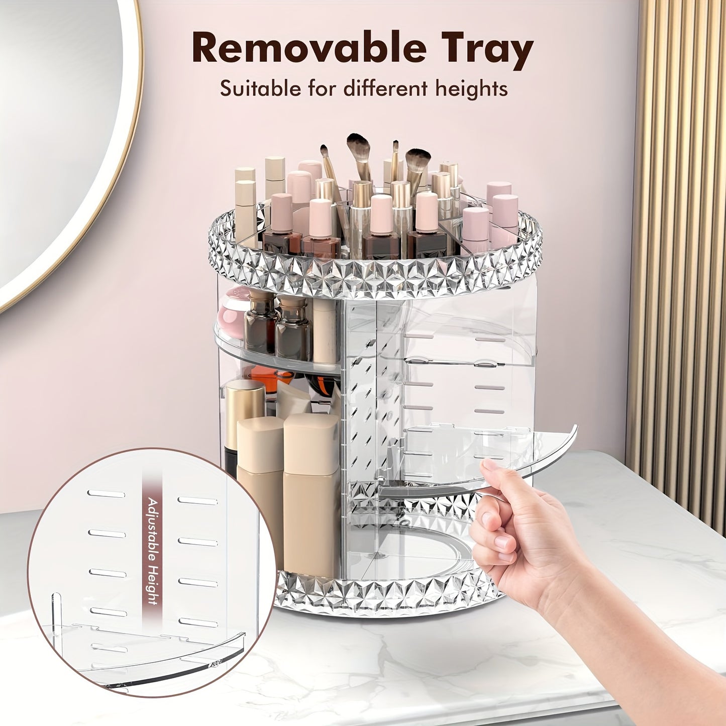 Rotating makeup organizer with high-capacity storage for skincare, makeup, perfume, lipstick, lotion, and cosmetic brushes.