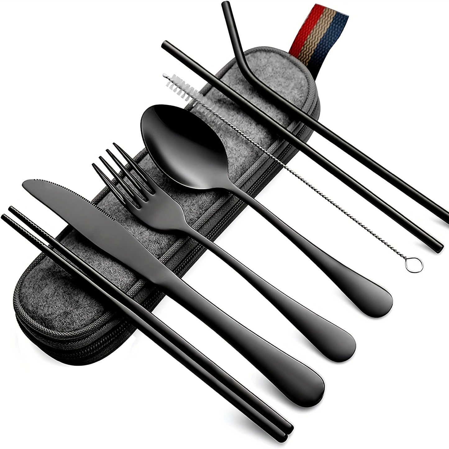 Travel camping set with 8 pieces of stainless steel cutlery includes knife, fork, spoon, chopsticks, cleaning brush, straw, and carry case.