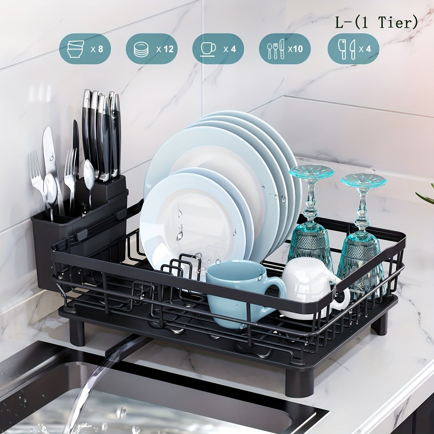 Large black dish drying rack with drainboard, adjustable spout, utensil holder, and knife slots. Perfect for organizing your kitchen counter, made of durable metal and plastic. Ideal dish drying rack for your kitchen counter.