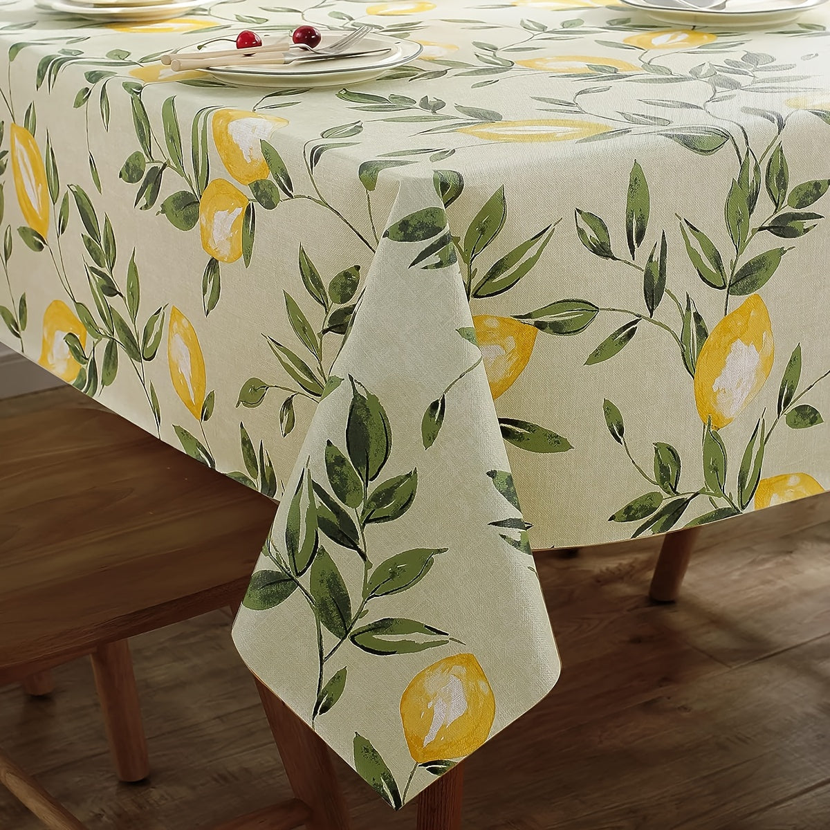 1pc Lemon & Leaf Pattern Vinyl Tablecloth - Waterproof, Oil-Resistant, Easy to Clean, Rectangular Flannel for Kitchen, Parties, Picnics, Patio Dining - Lemon Decor