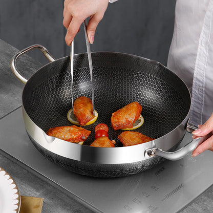 The 10-inch stainless steel frying pan comes with a lid and features a honeycomb non-stick bottom. It is induction compatible and has dual handles, making it versatile for use in various cooking methods such as hot pot and frying.