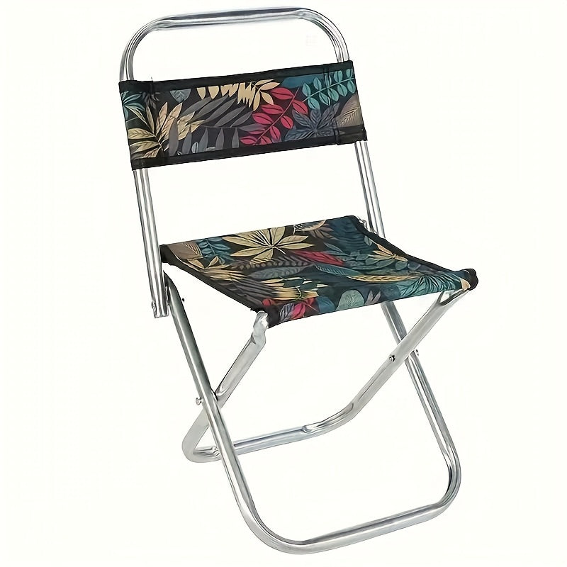 Lightweight Metal Camping Chair with Portable Folding Stool, Beach Fishing Ideal, Green Leaf Pattern, No Electricity Required, Outdoor Foldable Furniture