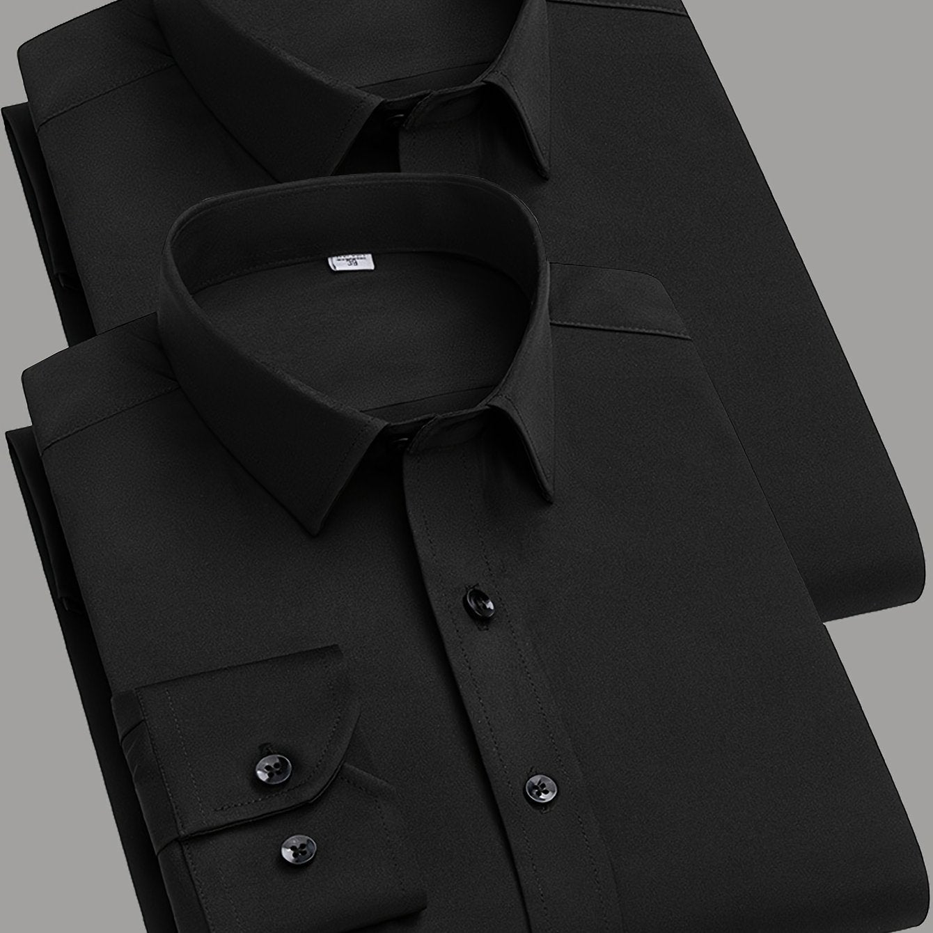 2 Men's work style polyester dress shirts in solid colors, regular fit with button details and lapel collar.