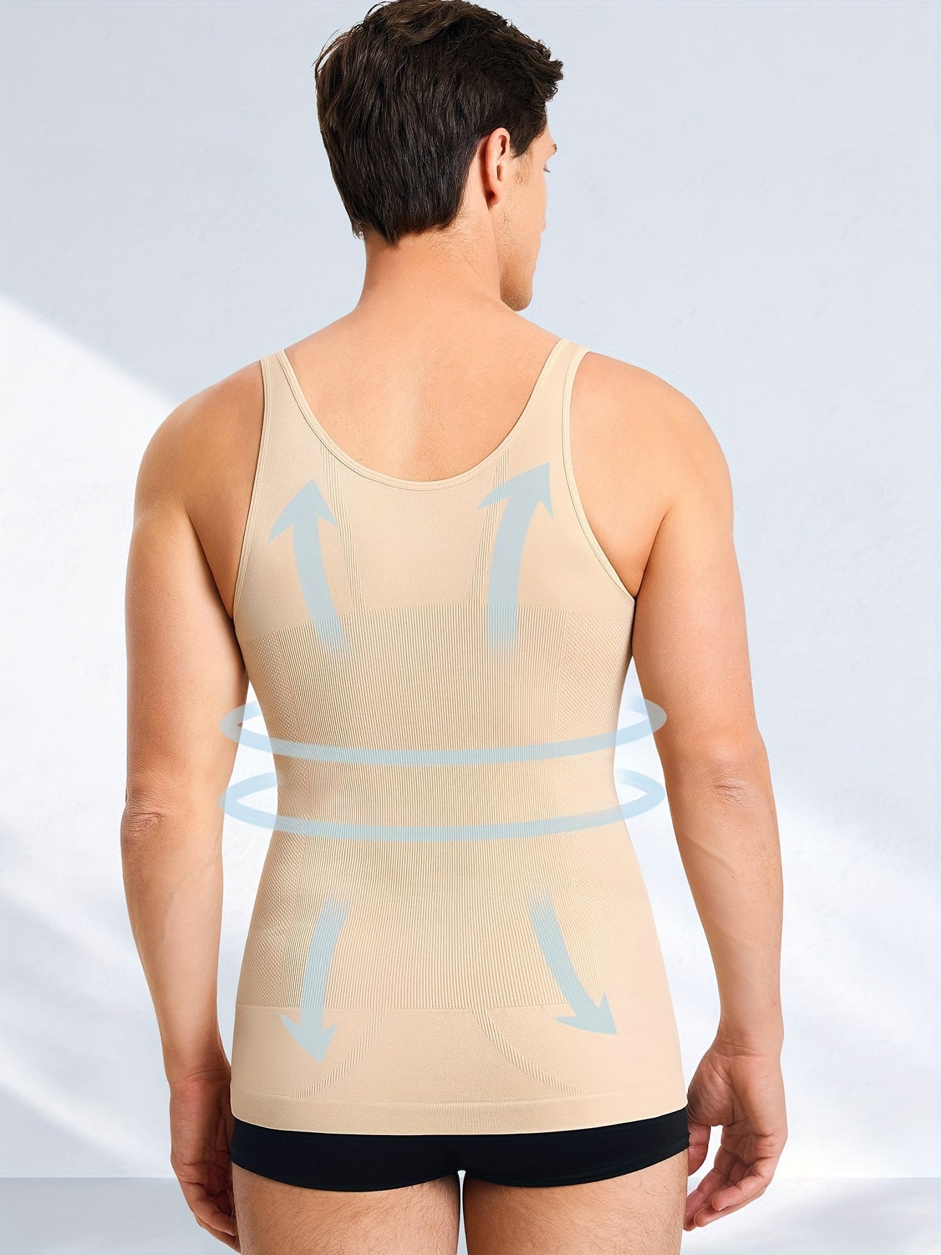 Men's slimming body shaper tank top made of breathable nylon-spandex blend. Sleeveless with off-shoulder neckline. Flexible and stretchy for all-season wear. Sporty style.