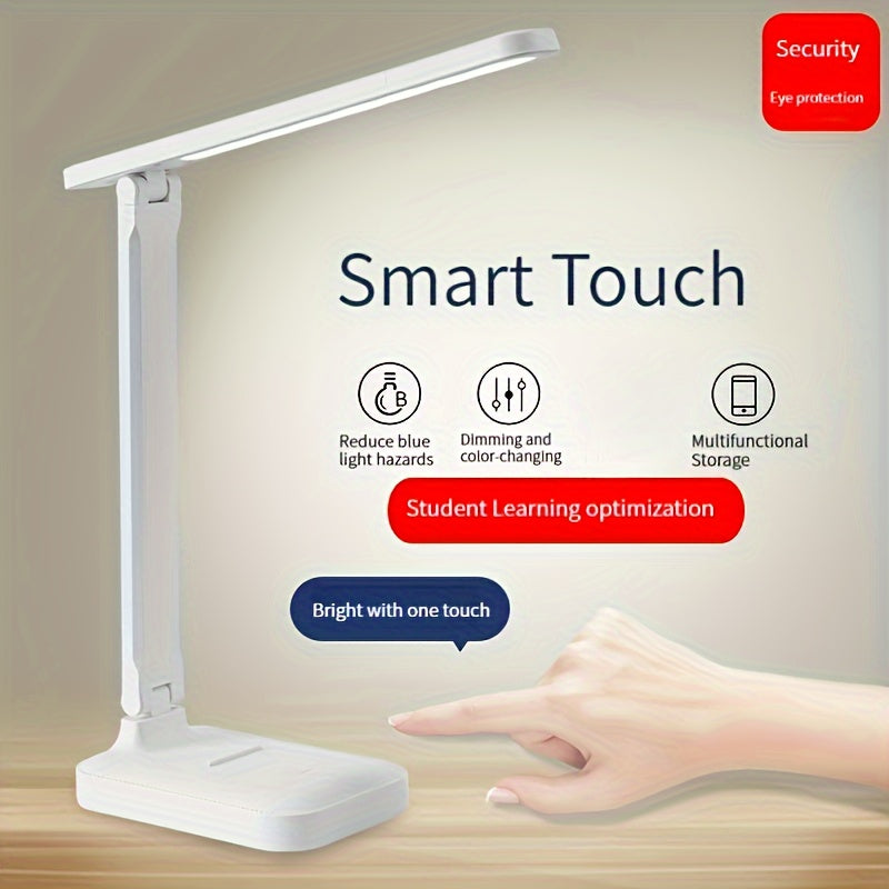 LED desk lamp with touch control, eye-care technology, USB powered, ideal for reading and home office use, single color.