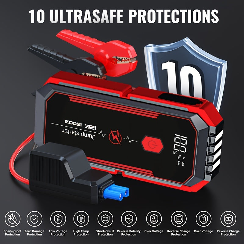 2500A Portable Car Jump Starter with fast charging, LED light, USB QC3.0, suitable for up to 8L gas & 7L diesel engines, and lithium polymer battery.