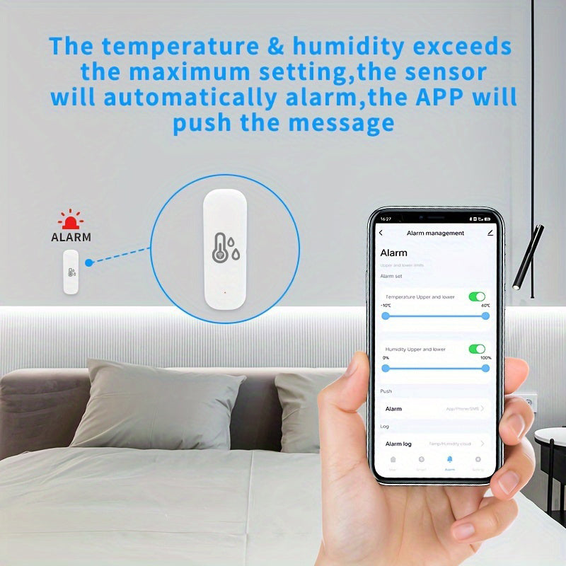 Tuya Wi-Fi Smart Temperature and Humidity Sensor for Smart Home Automation, works with Alexa and Google Assistant, app-controlled, battery powered, no hub needed.