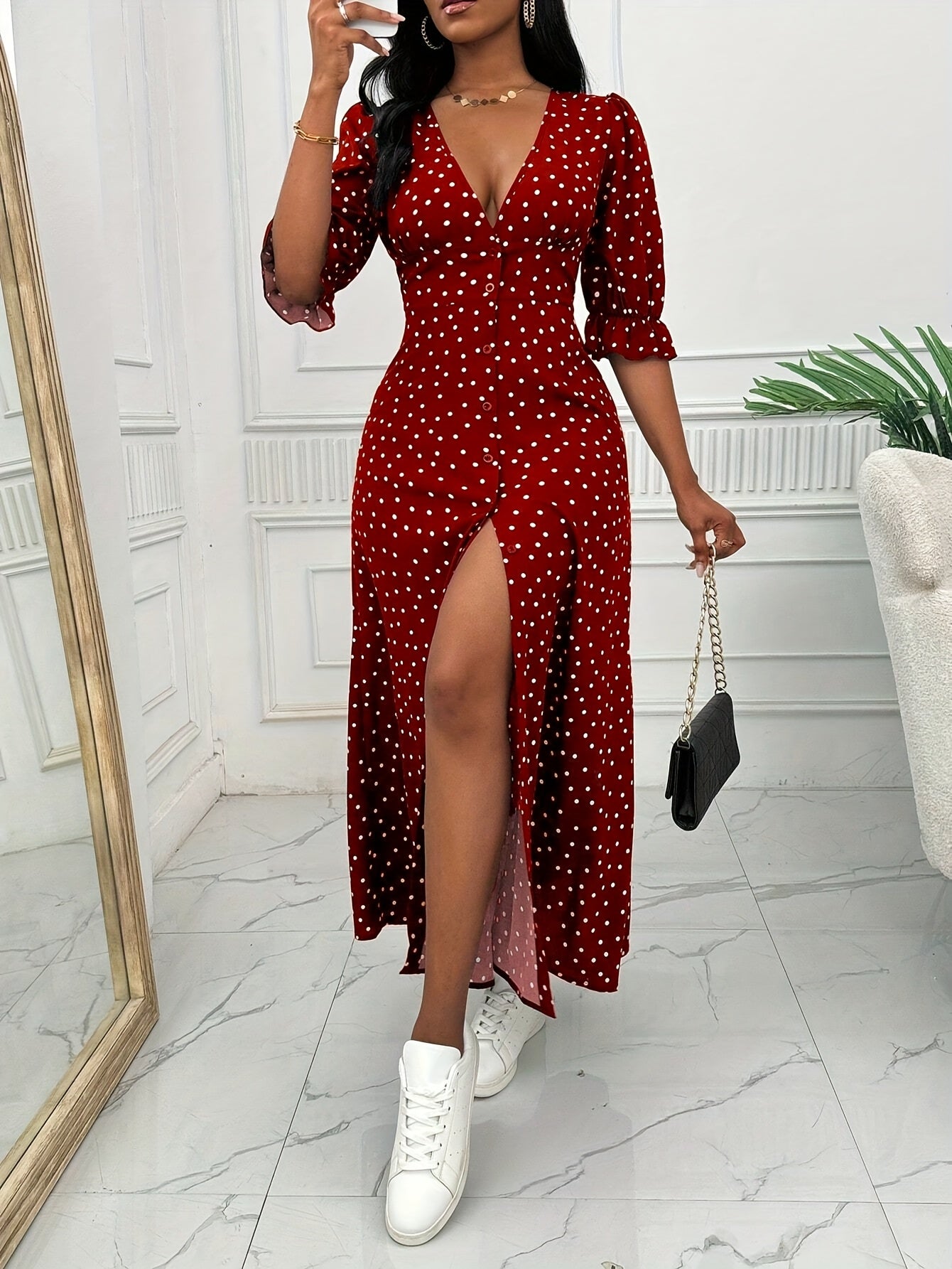 Everyday Comfort: Elegant V-Neck Polka Dot Maxi Dress for Women with High Slit and Fitted Polyester Material, Perfect for Spring/Summer/Fall.