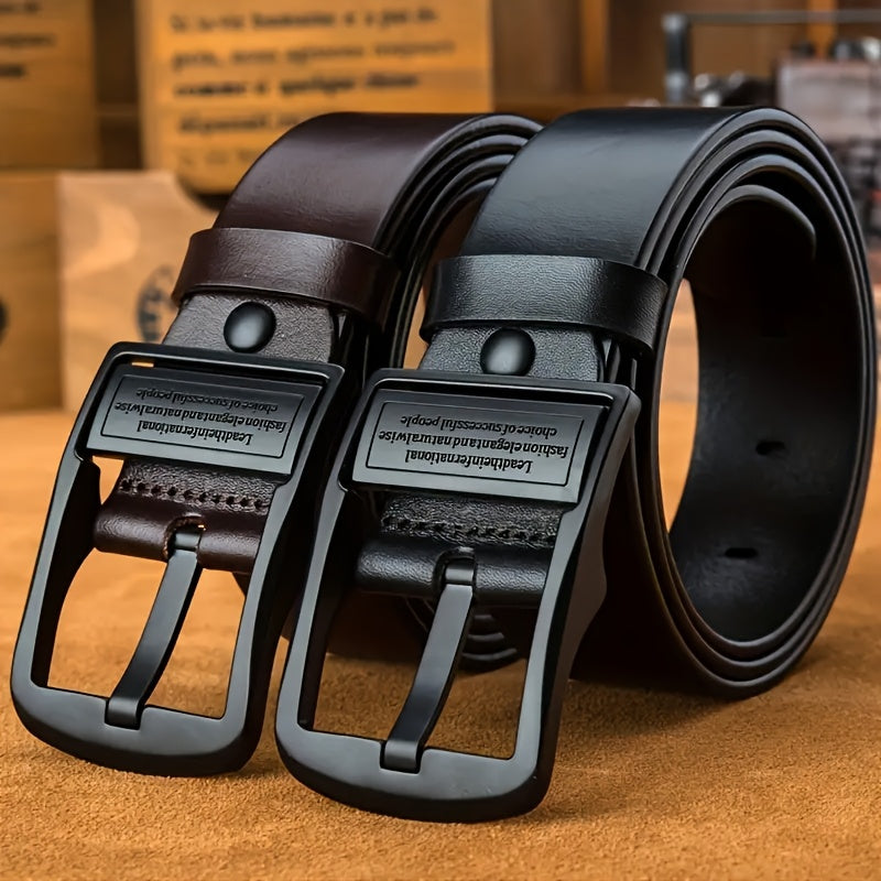 Stylish men's faux leather belt with vintage buckle, suitable for business and casual wear, available in multiple lengths.