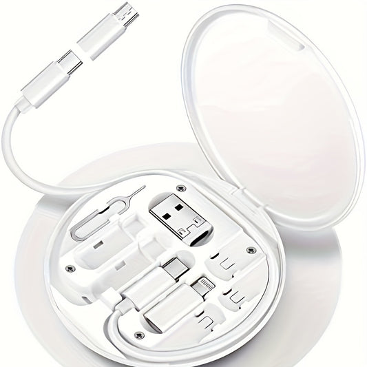 LYFNLOVE Multi-USB Charging Kit with converters, data transfer, card storage, phone holder integration, and sleek white oval design for tech enthusiasts.