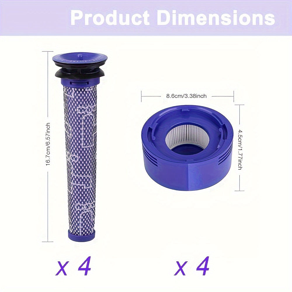 Get 8 replacement filters for Dyson V7, V8 Animal, and Absolute vacuums. These filters can be compared to parts 965661-01 and 967478-01 and include 4 pre-filters and 4 post-filters.