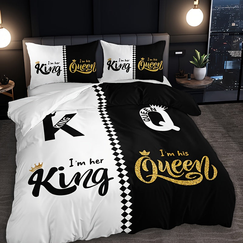 Black and grey duvet cover set featuring crown lettering design, including 1 duvet cover and 2 pillowcases. High definition printing for home and dorm decor, comforter not included.