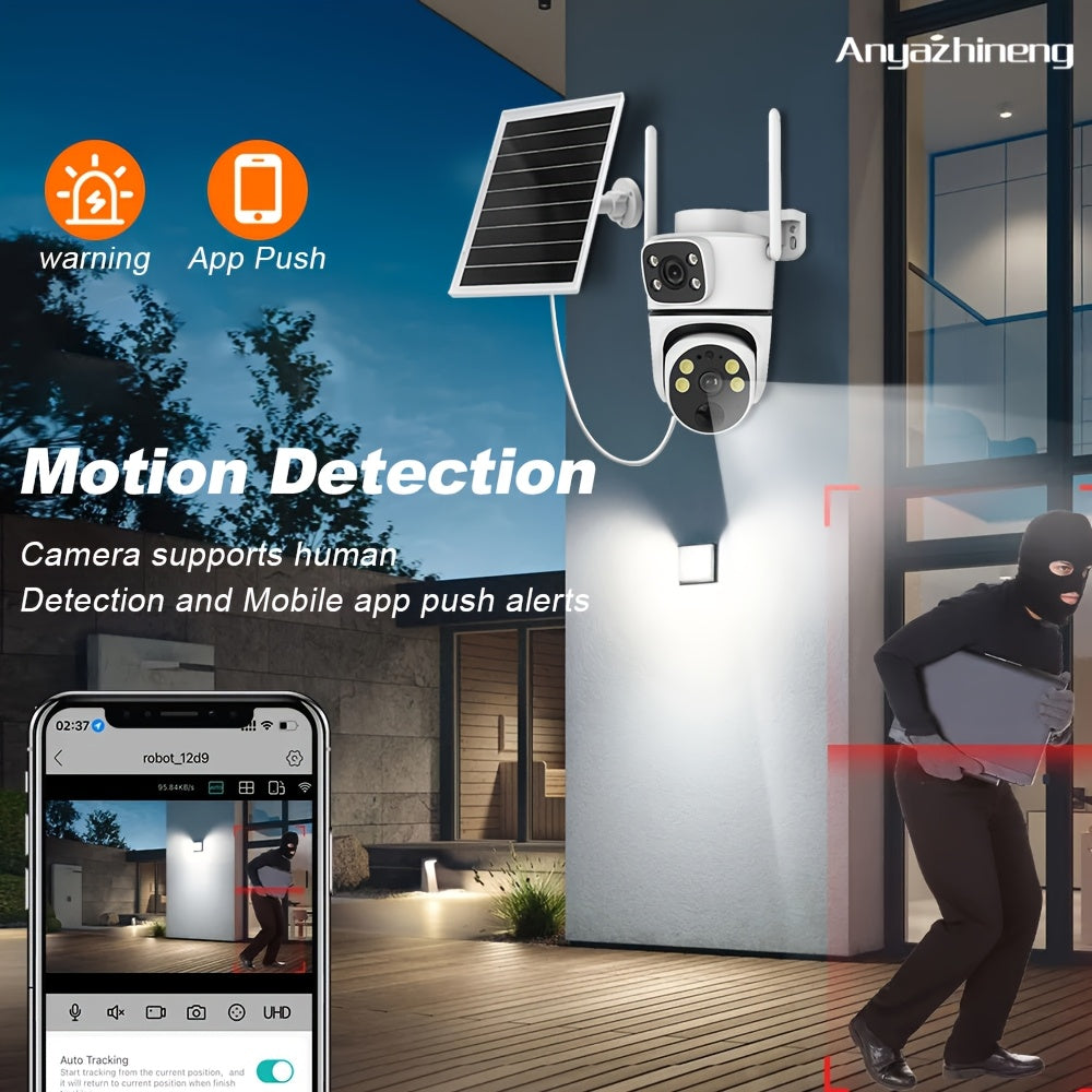 ANYAZHINENG Solar Powered Dual-Lens Security Camera - 1080p HD with PTZ Night Vision, Motion Detection, Two-Way Audio, Wi-Fi Enabled, App Controlled - Ideal for Home and Pet Monitoring (Non-Waterproof)