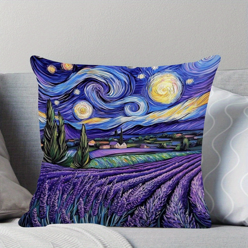 Modern flannel pillow cover featuring a starry night lavender design. This 45.72x45.72 cm cushion case is machine washable with a zippered closure, perfect for adding a touch of movie-themed decor to your sofa or bed. Suitable for back sleepers and ideal