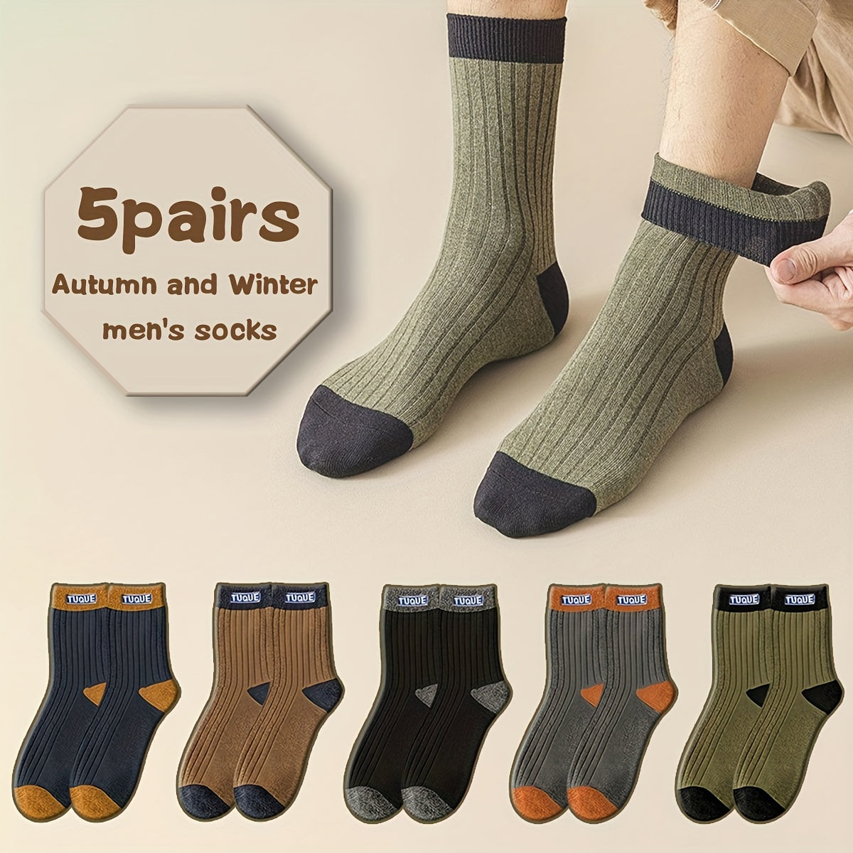 5 Pairs Men's Thick Mid-Calf Socks for Fall/Winter with Anti-Odor and Moisture-Wicking Properties