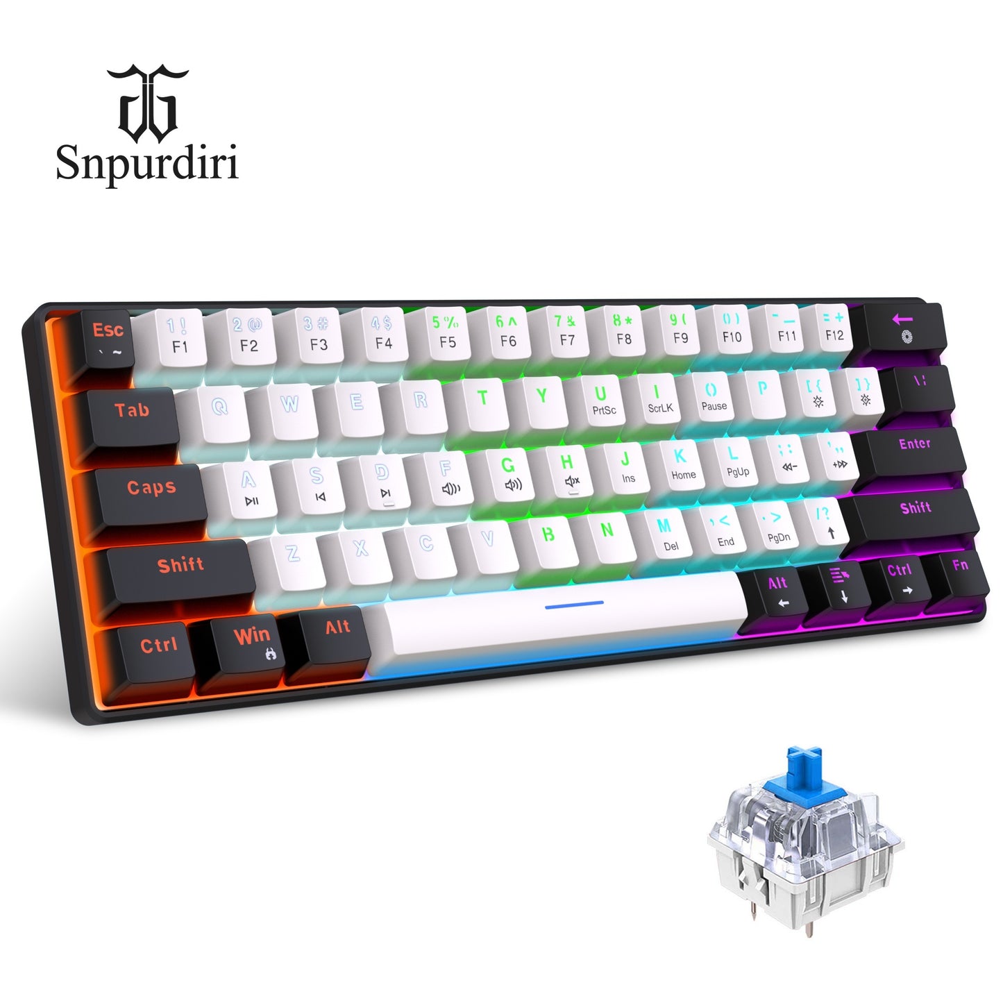 Snpurdiri 60% Mechanical Gaming Keyboard with LED Backlight, Blue and Red Switches, Portable Design