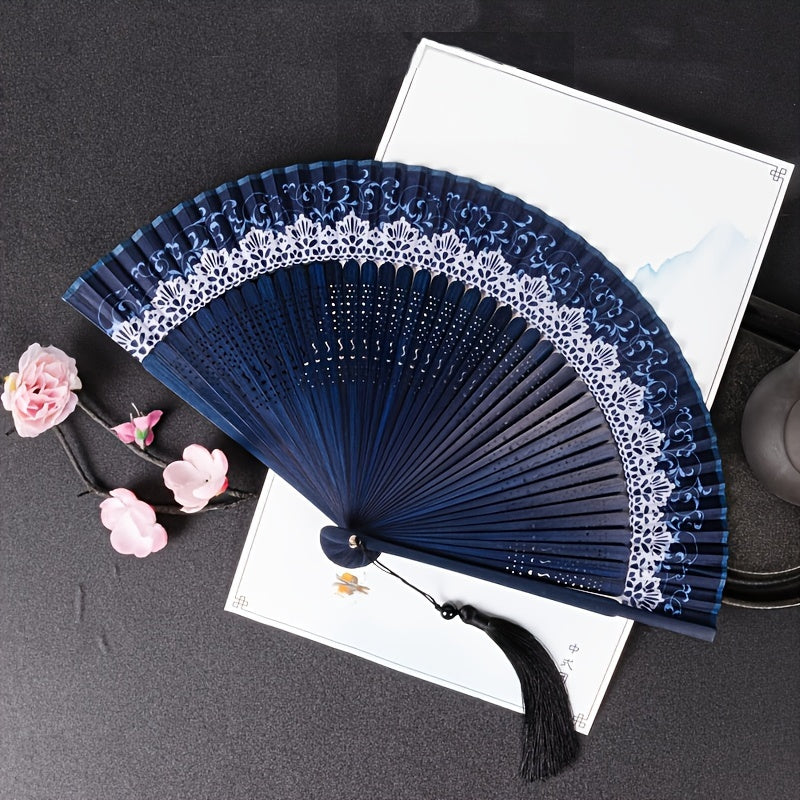 Portable folding fan in traditional Chinese lace style, crafted from bamboo in Japanese design. A unique vintage cultural gift and perfect pocket fan for personal use.