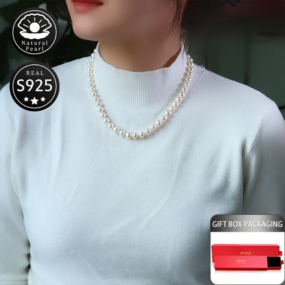 This S925 Silver Pearl Necklace features 8-9mm Natural Freshwater Pearls, perfect for everyday wear. Each pearl is unique in shape, color, and pattern placement, adding a touch of elegance to your outfit for any occasion.