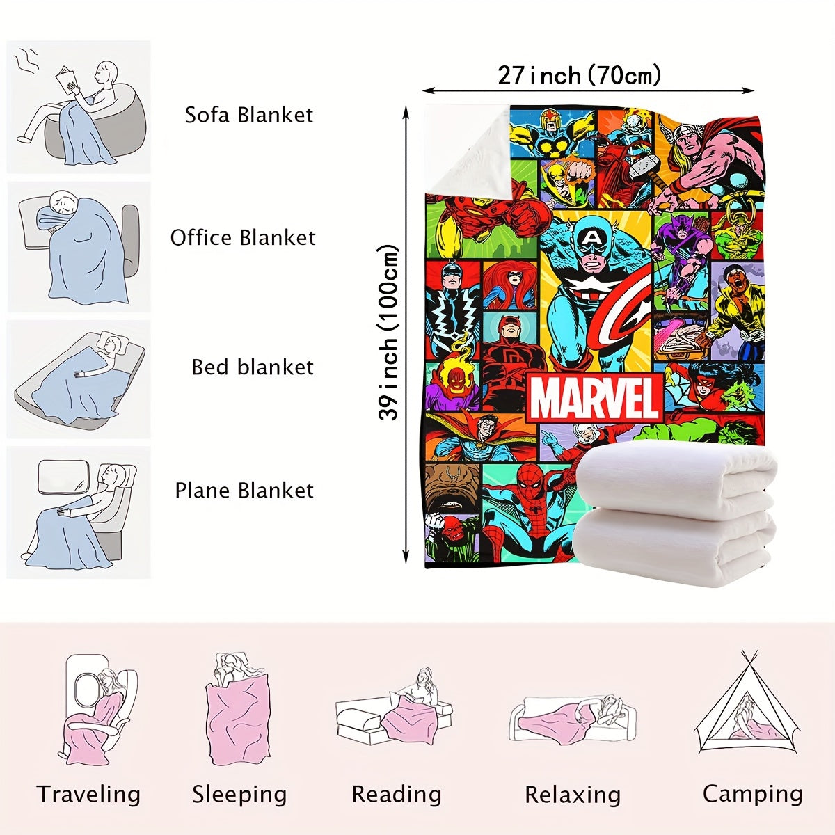 Cozy up with this Marvel Superhero Plush Throw Blanket featuring a vivid digital print. Made for all seasons, this knit bedding is perfect for the sofa, travel, camping, bedroom, and even the car. It's the ideal gift for your son.