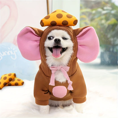 Warm winter pet hoodie with mouse theme, hand-washable polyester, ideal for small to medium breeds.