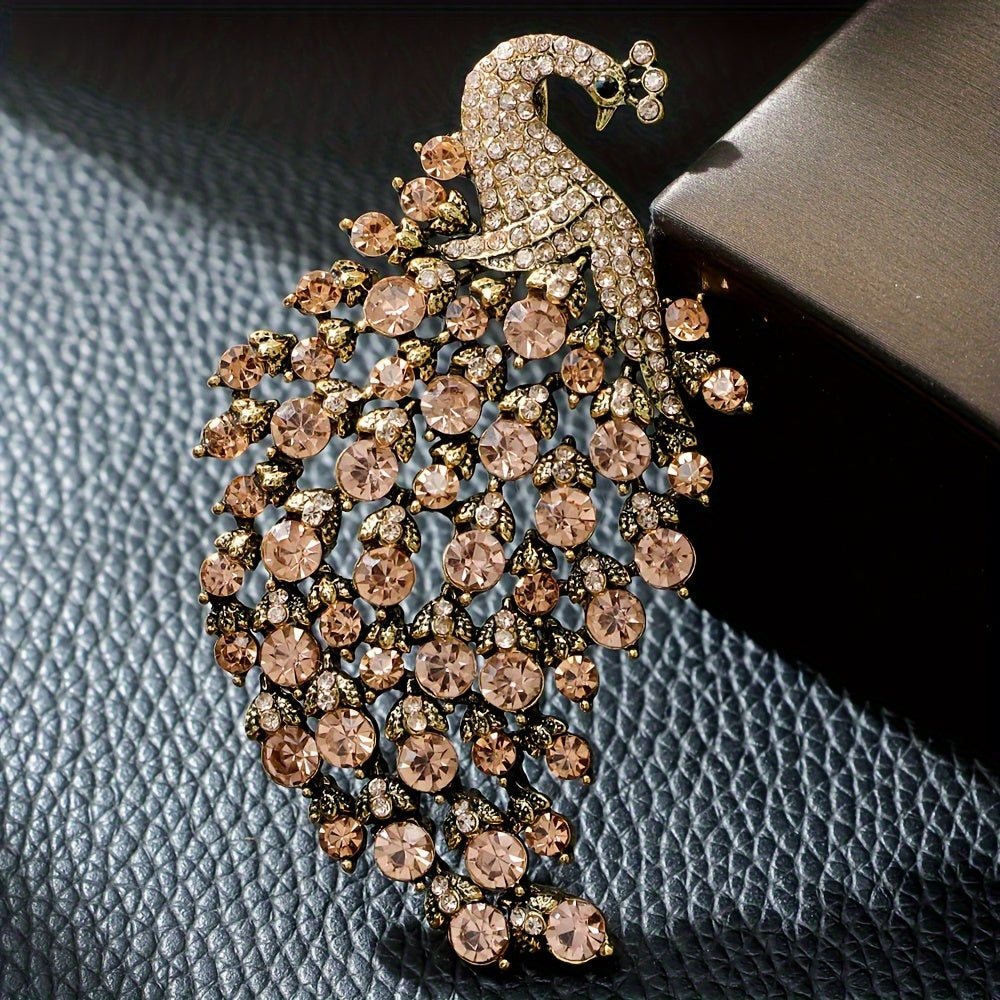 Men's Casual Style Vintage Peacock Brooch adorned with Shimmering Rhinestones - Crafted from Zinc Alloy