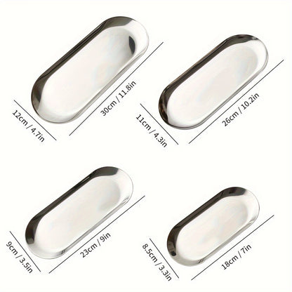 Oval-shaped stainless steel food tray for breakfast in kitchen or restaurant.