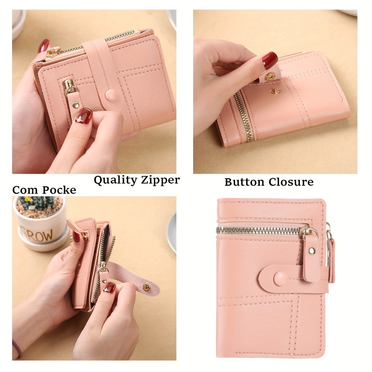 Foldable, stylish short wallet for women with multiple zippers, clasps, and card slots, ideal for coins, change, credit cards, and ID cards.