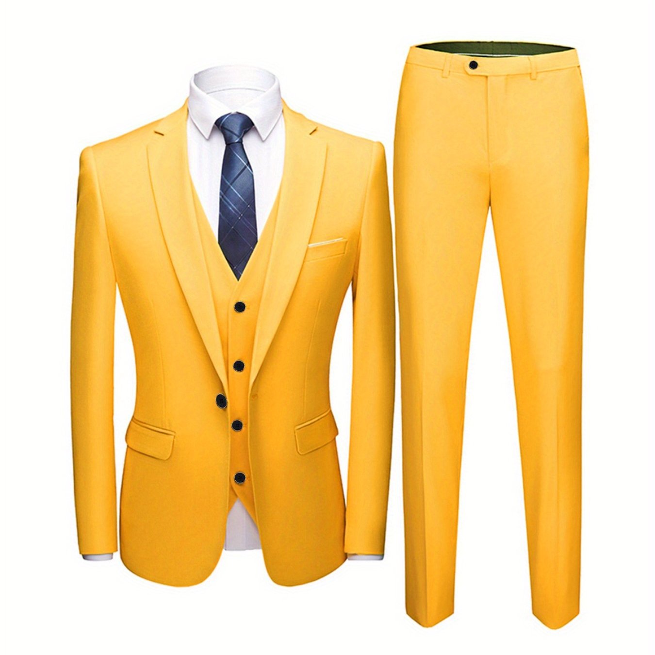 Men's single buttoned jacket and three-piece suit in a solid color.