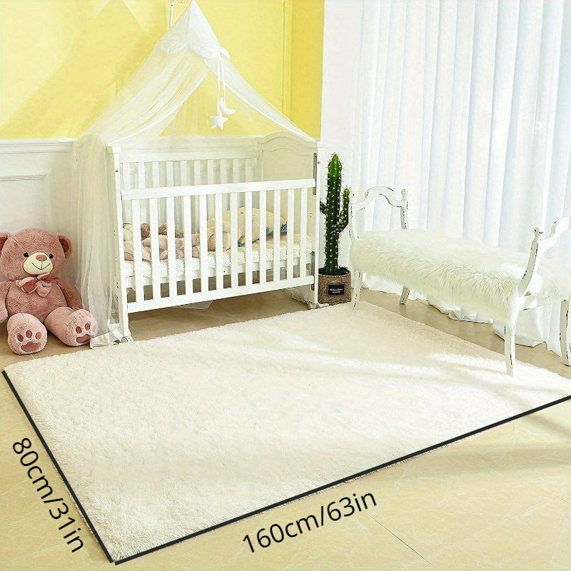 Soft and fluffy bedroom rug - shaggy plush area rug for teens' college dorm, living room, home decor. White floor carpet.