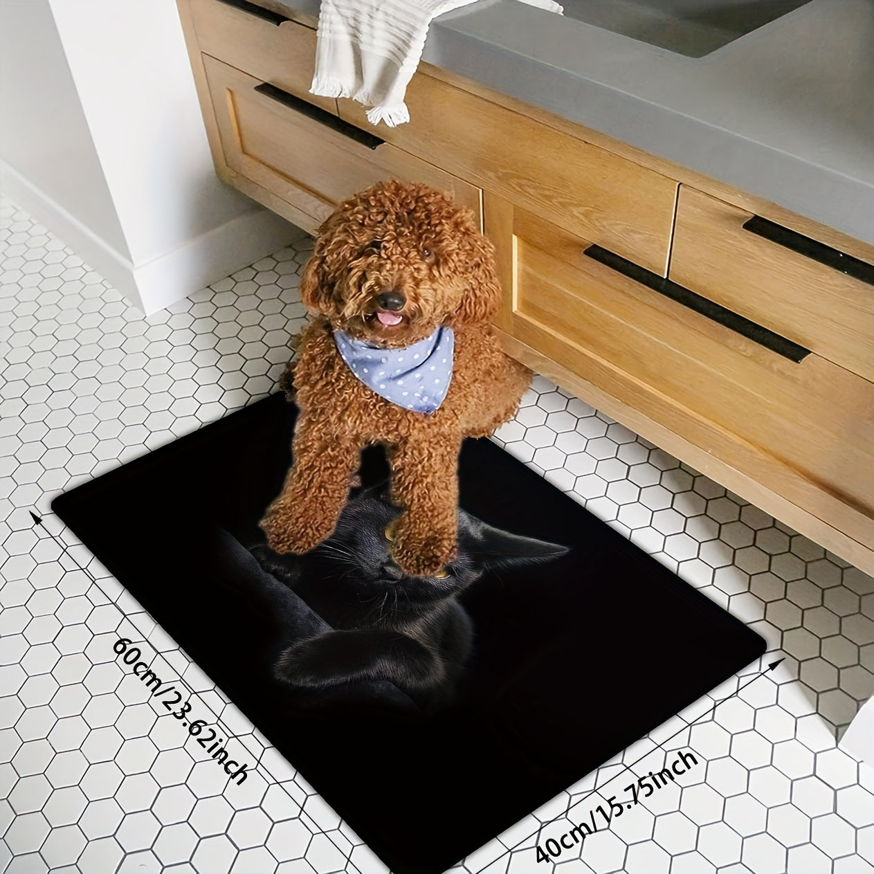 Black Cat Print Door Mat is a versatile and stylish addition to your home decor. Made of anti-slip and anti-fouling polyester rug material, this mat is suitable for both indoor and outdoor use. Perfect for adding a touch of personality to any room in