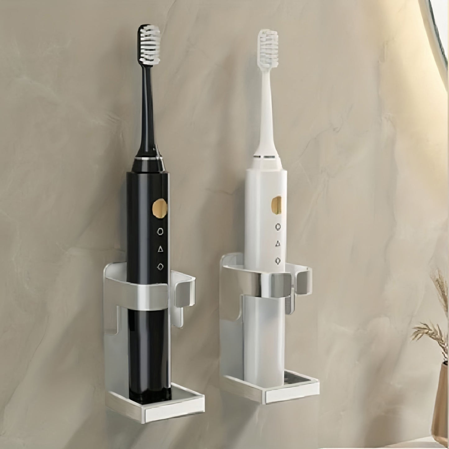 Toilet storage shelf with traceless toothbrush holder for 90% of electric toothbrushes.