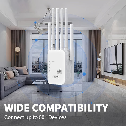 European Standard 1200Mbps Wifi Range Extender with dual-band signal, 6 antennas for full coverage, plug-in design, Ethernet port, and long-distance reception.