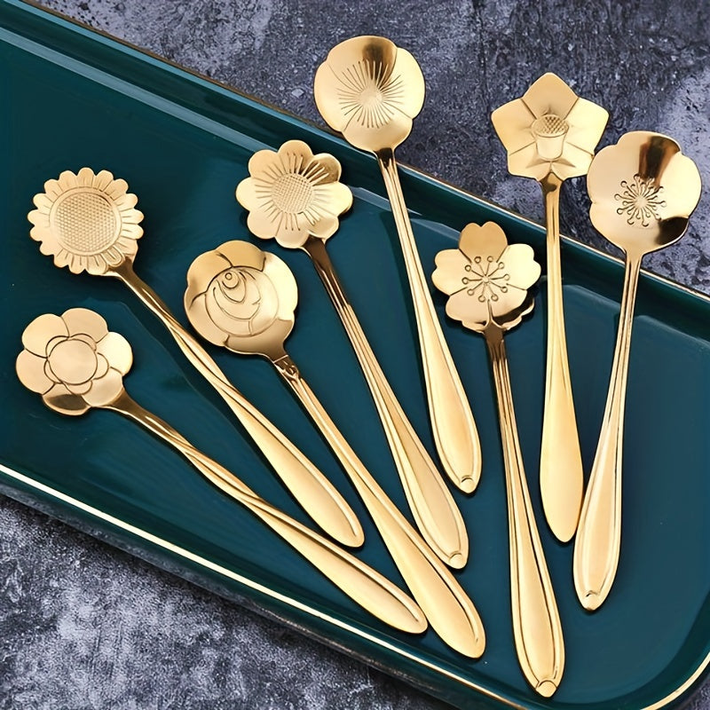 A collection of 8 flower-shaped spoons perfect for tea, coffee, ice cream, dessert, or honey. These cute spoons are made of durable stainless steel in a stylish silver and gold finish, making them a versatile addition to any kitchen utensil collection.